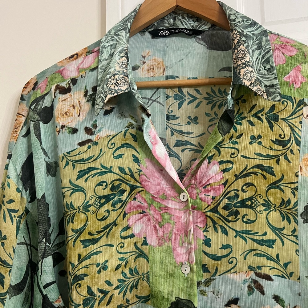 Zara Sheer Floral Patchwork Button Down Blouse Li… - image 1